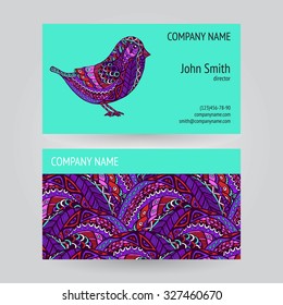 Set of two business card with decorative birds and abstract pattern. Vector illustration