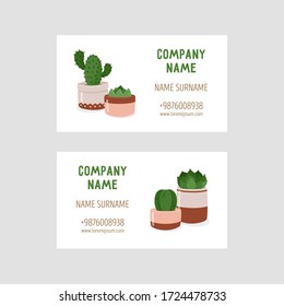 Set of two business cards with cute potted plants. Doodle style floral elements, vector illustration.