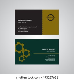 set of two business cards, gears, teeth, black, yellow, gold, and green color with white text - Canada and USA standard, 3,5 x 2 in or 88,9 x 50,8 mm