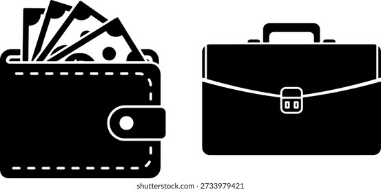 Conjunto de dos iconos de negocios con una cartera de cuero con efectivo y un maletín de Profesional en silueta negra audaz