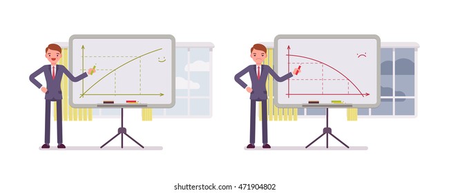 Set of two business scences. A man points to positive and negative charts on the whiteboard. Cartoon vector flat-style concept illustration