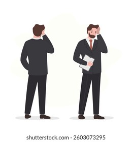 Set of two businessman characters - front and back view. Presenting the expressions in negative mood. Tired or unhappy man isolated on white background. Business Concept. flat vector illustration