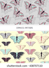 a set of two butterflies seamless patterns in pink, soft blue, and ivory shades