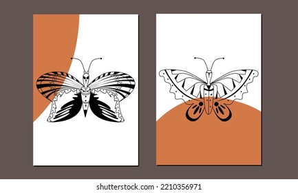 Set of two butterfly wall art. Animal nordic or nursery wall decor. Hand drawn butterfly wall decorations, wallpaper, home decor, cards and background.