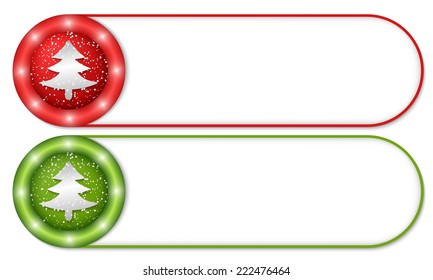 set of two buttons with falling snow and xmas tree