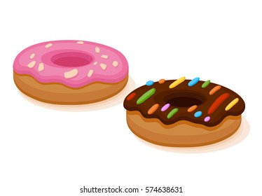 Set of two cakes doughnuts covered with chocolate and pink  icing, topped with almond flakes and pieces of multi-colored candy
