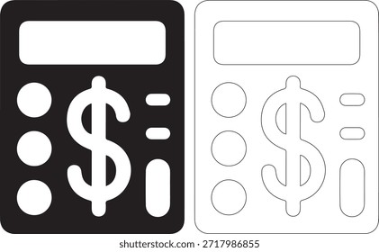 Un conjunto de dos iconos de la calculadora, uno en negro con detalles blancos y el otro en blanco con contorno negro, ambos con un signo de dólar y círculos sobre un fondo blanco puro.