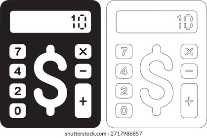 Un conjunto de dos iconos de la calculadora, uno en negro con detalles blancos y el otro en blanco con contorno negro, ambos con un signo de dólar y números sobre un fondo blanco puro.