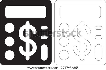 A set of two calculator icons, one in black with white details and the other in white with black outline, both featuring a dollar sign and circles on a pure white background.