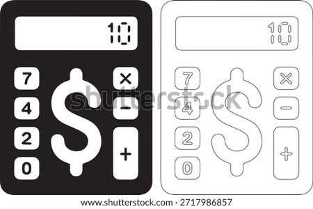 A set of two calculator icons, one in black with white details and the other in white with black outline, both featuring a dollar sign and numbers on a pure white background.