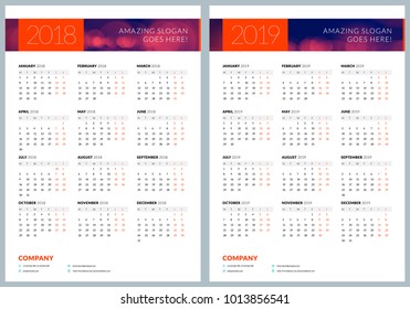 Set of two calendar posters. 2018 and 2019 years. Portrait oriantation. Vector design print template with abstract background or place for photo. Week starts on Monday