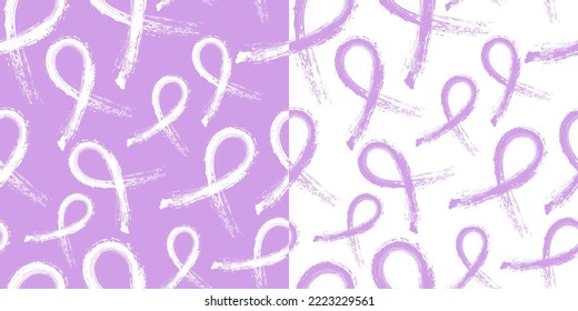 Set of Two Calligraphic and Trendy seamless Lavender Awareness Ribbon Pattern, repeating lavender ribbon pattern. Vector Illustration. EPS 10. For Caregiver Appreciation, Cancer, Epilepsy, Foster Care