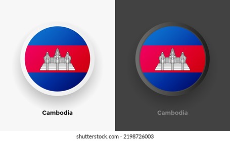 Conjunto de dos botones de la bandera de Camboya con fondo en blanco y negro. Resumen de botones brillantes redondeados metálicos con bandera nacional