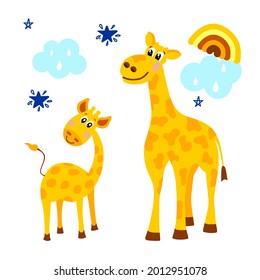 Un conjunto de dos camellos al estilo de las caricaturas con elementos decorativos. Para embalajes, textiles para niños y suministros de oficina. Ilustración del vector