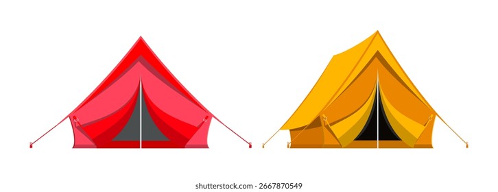 Satz von zwei Zelten. Rotes und orangefarbenes Zelt im flachen Stil. Outdoor-Unterkunft für Abenteuer und Tourismus-Konzept.