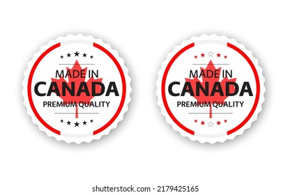 Conjunto de dos etiquetas canadienses. Hecho en Canadá. Etiquetas y símbolos de calidad superior con estrellas. Ilustración vectorial simple aislada en fondo blanco