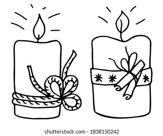 A set of two candles. One is decorated with rope and tied in a knot. The other is decorated with cinnamon sticks and snowflakes. Vector outline illustration.