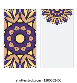 Set of two card collection. Vintage decorative elements with mandala. Hand drawn background. Islam, Arabic, Indian, ottoman motifs. Vector illustration. Purple, grey, yellow color.