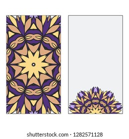 Set of two card collection. Vintage decorative elements with mandala. Hand drawn background. Islam, Arabic, Indian, ottoman motifs. Vector illustration. Purple, grey, yellow color.