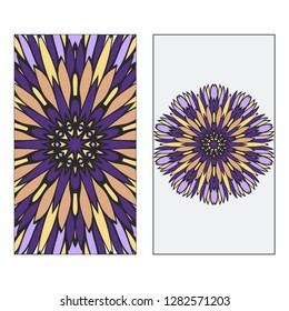 Set of two card collection. Vintage decorative elements with mandala. Hand drawn background. Islam, Arabic, Indian, ottoman motifs. Vector illustration. Purple, grey, yellow color.