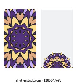 Set of two card collection. Vintage decorative elements with mandala. Hand drawn background. Islam, Arabic, Indian, ottoman motifs. Vector illustration. Purple, grey, yellow color.