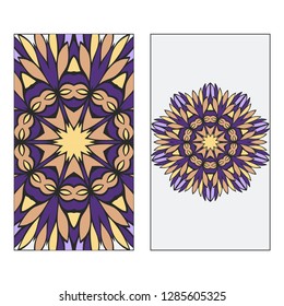 Set of two card collection. Vintage decorative elements with mandala. Hand drawn background. Islam, Arabic, Indian, ottoman motifs. Vector illustration. Purple, grey, yellow color.
