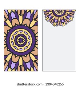 Set of two card collection. Vintage decorative elements with mandala. Hand drawn background. Islam, Arabic, Indian, ottoman motifs. Vector illustration. Purple, grey, yellow color.