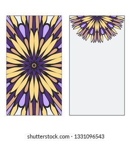 Set of two card collection. Vintage decorative elements with mandala. Hand drawn background. Islam, Arabic, Indian, ottoman motifs. Vector illustration. Purple, grey, yellow color.