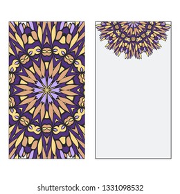 Set of two card collection. Vintage decorative elements with mandala. Hand drawn background. Islam, Arabic, Indian, ottoman motifs. Vector illustration. Purple, grey, yellow color.