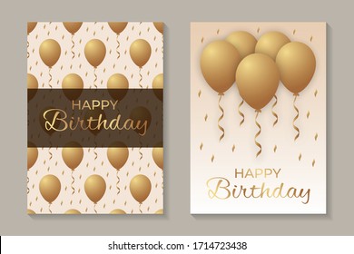 Set of two card templates for birthday celebration or greeting with golden balloons and confetti on a white background.