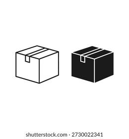 Set of two cardboard box icons, outline and filled, isolated on
