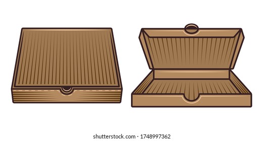 Set of two cardboard pizza boxes half opened and closed vector colored objects or design elements isolated on white background