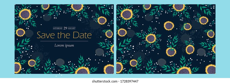 Set of two cards in A5 format. Front and back of the invitation. Floral arrangement with sunflowers and plants on a dark background. Free copy space for subtitles, title or names. Ornate template.
