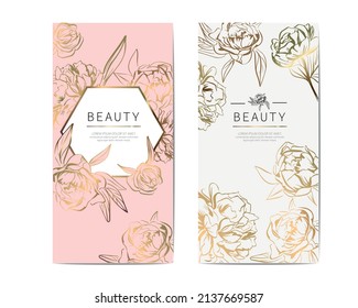 Un juego de dos cartas con bellas peonías, un blanco para un volante, póster, postal en color rosa y oro