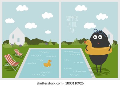 Zwei Karten mit Cartoon-Charakter, die sich in der Nähe des Pools entspannen