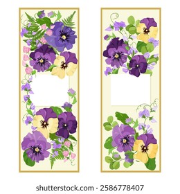 Set of two cards. Delicate flowers viola with space for your text. Vector illustration.