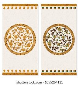 set with two cards with floral gold vintage ornament in a circle. design for print, covers, invitations