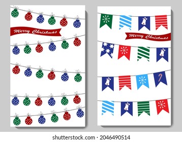 Un conjunto de dos cartas para el año nuevo y navidad. Globos y banderas de vacaciones. Ilustración vectorial. Para saludos, invitaciones, volantes y folletos, portadas, etiquetas de precios y diversos diseños.