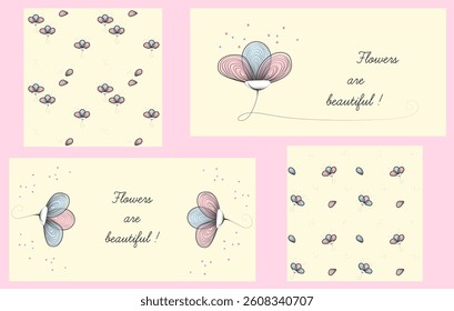 Set of two cards and two patterns with abstract flowers in line style 
