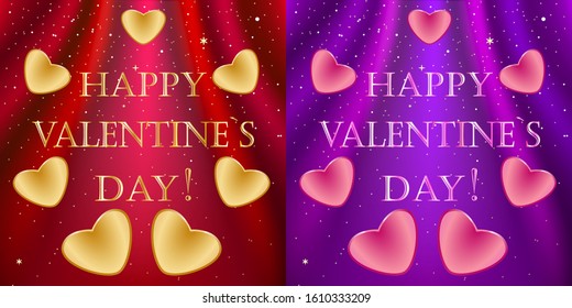A set of two cards of red and violet color with gold and pink hearts in a circle and the wish of a happy Valentine's Day in gold letters