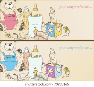 set of two cards with toys, bootees , baby food and other things for new baby