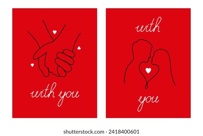 A set of two cards for Valentine's Day. Silhouette of a couple on a red background.