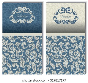 Set of two cards. Vintage frame, seamless background, Vintage floral design. Beige and Blue.
