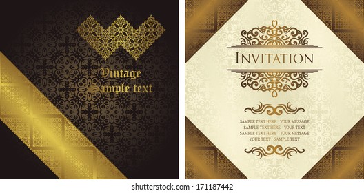 Set of two cards. Vintage seamless wallpaper with a frame. Wedding invitation or Greeting card       