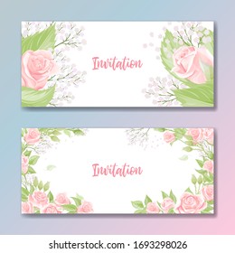 Set of two cards for wedding invitation, birthday greeting with rose flowers in pink and green colors on white background. Vector invitation postcard template