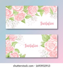 Set of two cards for wedding invitation, birthday greeting with rose flowers in pink and green colors on white background. Vector invitation postcard template