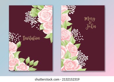 Set of two cards for wedding invitation, birthday greeting with rose flowers in pink and green colors on maroon background. Vector invitation postcard template