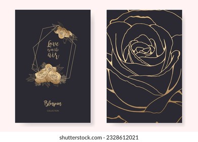Juego de dos cartas para la invitación a la boda, saludo de cumpleaños con flores de rosa en colores gradiente dorados sobre fondo negro. Alambre de oro vectorial, plantillas de tarjetas postales de invitación en blanco y negro