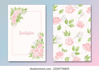 Set of two cards for wedding invitation, birthday greeting with rose flowers in pink and green colors on white background. Vector invitation postcard template