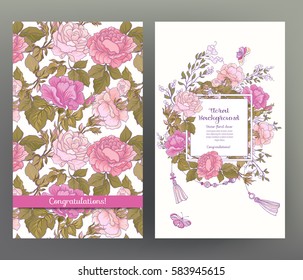 Set of two cards for wedding invitation, birthday greeting with rose flowers and butterflies in pink and green colors on white background. Stock vector.